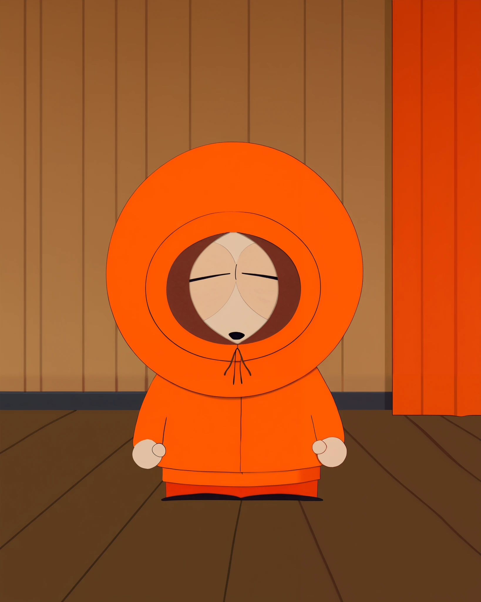 score_9, score_8_up, score_7_up, zPDXL, Kenny McCormick, orange sweater, hood up, eyes only, SPstyle, source_cartoon, 3D, indoors, orange pants, chibi