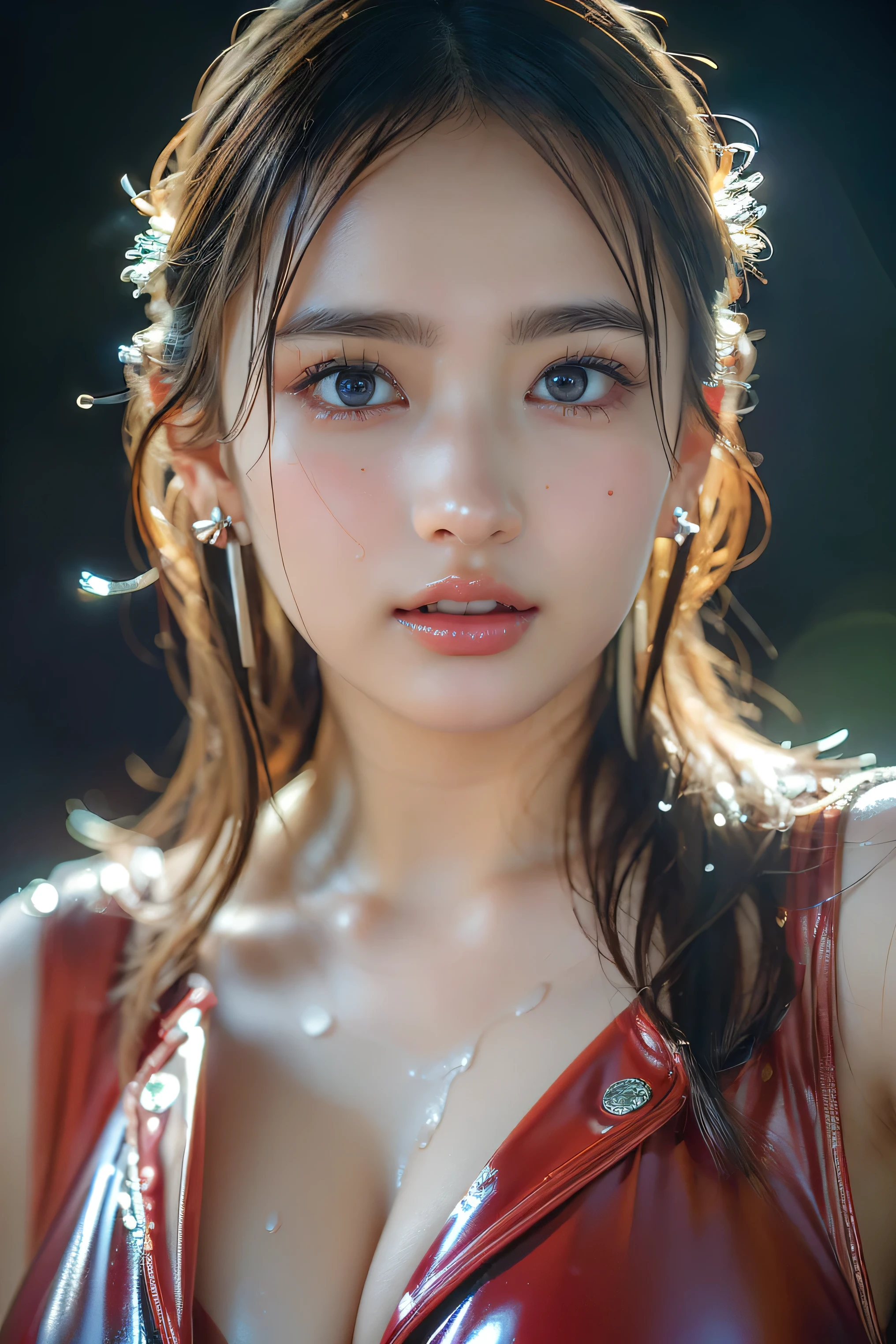 (( fractal art )),((masterpiece, best quality, very detailed,超 high definition , detailed background)),((( abstract background ))),( 1 girl),((Rich and colorful)),flower,( My skin is shiny),((Various colors)),( earrings),Feather (Girl I took a picture of myself:1.5),128,000 Female Models, huge breasts, eye, , high definition , upper body, no background, Studio Lighting , ((A 美しい顔 and brightly colored shining eye. She's wearing a red latex outfit adorned with crystals..( 1 girl), updo hairstyle , very cute face, wonderful face and eyes, ( very detailedな eyes, very detailedな face), Fresh, very beautiful appearance, (Super Photo, high definition ), ( best quality:1.4), ( super high quality ), real skin texture, RAW photos , (reality, realistic:1.37), very detailedな, professional photography , 32k sexy female models who are wet and transparent in the rain , big breasts that seem to burst even now ,