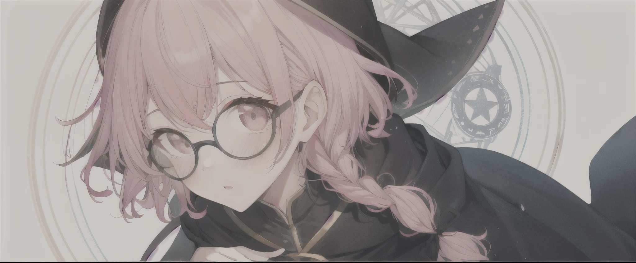 1 Girl,  unique , pink long double twist braid，Round frame glasses，Bangs， black robe ，reel，Magic Circle， blush， place one hand on your chest，dynamic， white background , 
///////////