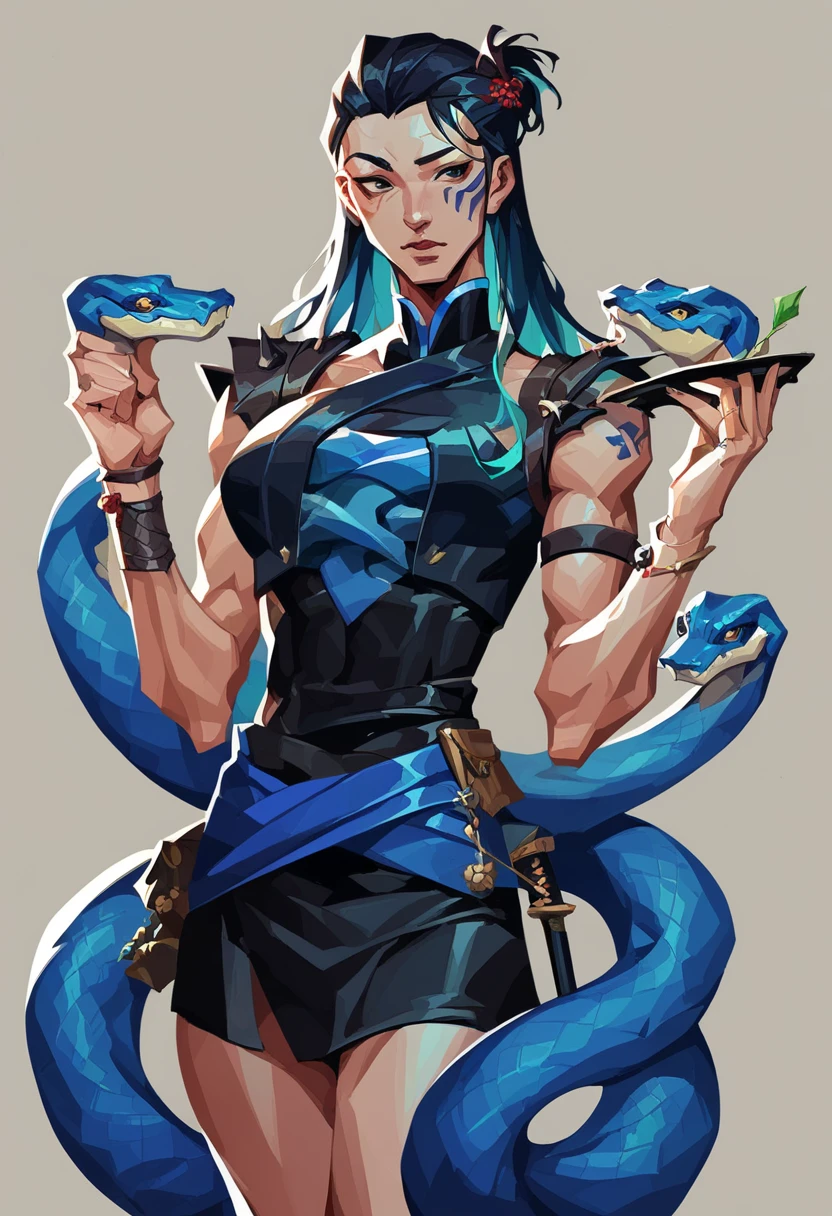 score_8_up, score_7_up, beautiful curvy girl, pale skin, black long hair with 3 gold leaf pins, thin face with black eye marks, regular blue snake on shoulders, simple brown leather armor with vertical plates, single katana, clean ink art style, valorant , blue snake on shoulders, blue snake coiled around shoulders:1.3, blue snake on shoulders, black updo hair, (traditional japanese hair:1.3), japanese , (traditional black Japanese hairstyle:1.5)