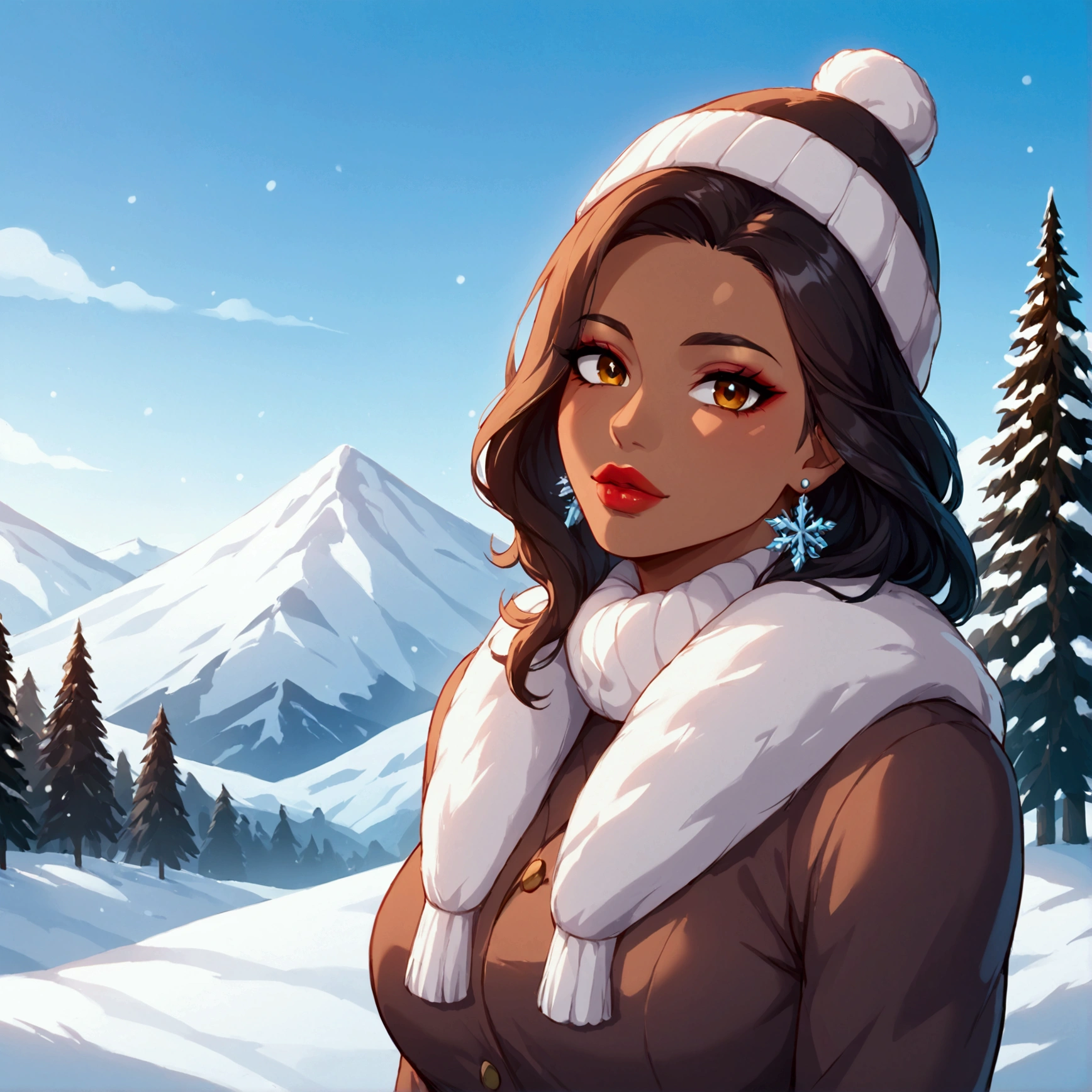 1girl, curvy black brown-skinned woman with big lips showing off her feet. Snowy mountains, ski lodge setting. Wearing warm winter attire. 