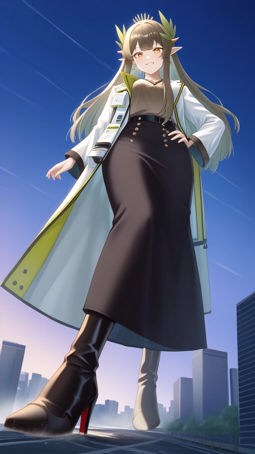 (( best quality)), giantess, giantess, ( giga size:1.3), (((microcity), Metropolis, (be familiar with) perfect face　Manga style illustration、Office Style、 business suit、 black jacket 、White open shirt、 black knee-length pencil skirt 、 black pantyhose、 wearing black high heel pumps、, even the toes、, A very big giant, A woman trampling on, muelsys_arknights, disheveled hair, detailed eyes, perfect composition, moist skin, intricate details, earrings, Volumetric Lighting, Volumetric Lighting, long hair, brown hair, golden eyes, pointy ears, collarbone, parted lips BREAK, Mumu_coat, open coat, Mumu_boots, Mumu_shirt, brown shirt, high heels boots, long skirt, collapsed city, A city big enough to fit on one foot, Looking down and smiling 、 low angle from below 、The whole body, blue sky, ((masterpiece)), masterpiece