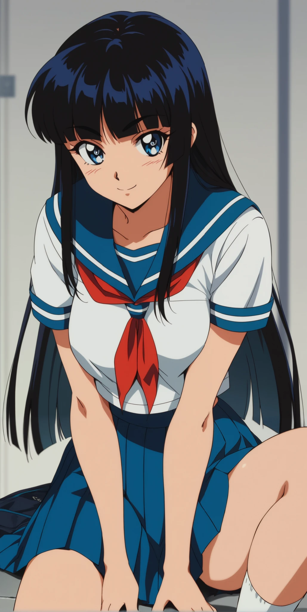 Young woman drawn in 80’s anime art style. 
Retro anime. Vintage Anime. Classical Anime. 
Black HAIR
Hime Cut Hair
(Round and Circle eyes)
(Blue eyes)
(Medium Sized Eyebrows)
(Light Tan Woman)
(Medium Breast)
Seductive Smile

She is wearing a sailor fuku (セーラー服, sērā fuku, sailor outfit) is a common style of uniform worn by women, traditionally by high school female students. 

The uniform generally consists of a blouse attached with a navy blue sailor-style collar and a very long pleated skirt. The length of the long pleated skirt is past her knees.

A ribbon is tied in the front and laced through a loop attached to the blouse. The color is the ribbon is typically red.

School Uniform color is entirely navy blue.
The color of the blouse and shirt are navy blue and the color of the bottom pleated skirt is navy blue. 
(Top and Bottom are navy blue)

(High School) (Solo) (Gym)