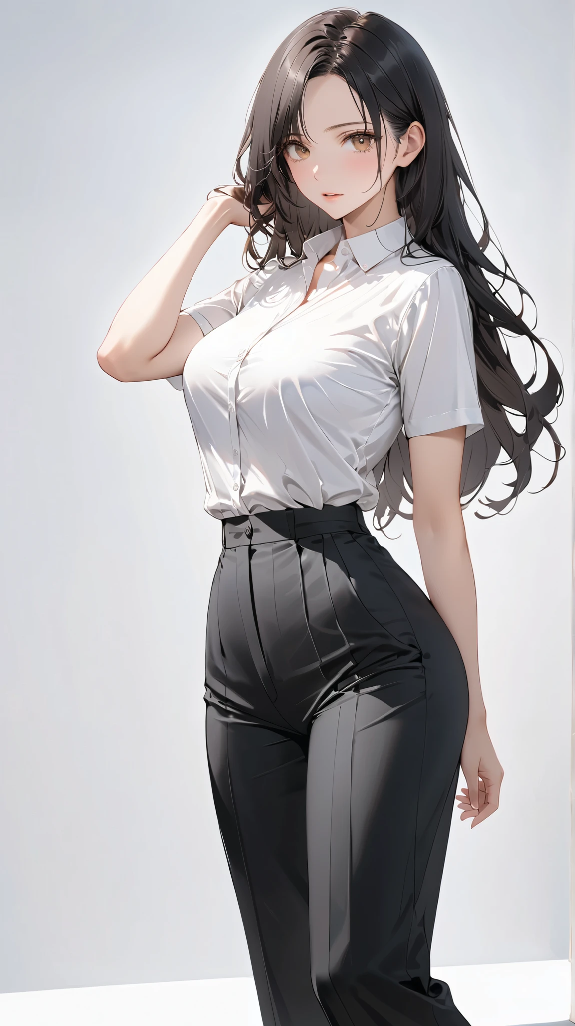 a woman in a white shirt and red pants is playing video game, simple style, wearing elegant casual clothes, muted red, simple clothes, milk and red style, casual clothing style, modern fashion outfit, wearing a fisher , casual modern clothing, inspo, red clothes, red pants, neutral tones, rred and white color scheme, casual business outfit, cute face, nike shoes, , adult face, ((waist length wavy hair)), ((brownish black hair)) and ((gleaming detailed grey coloured eyes)), slim frame, small breasts, long legs, slim curvaceous figure, soft features, slightly wavy hair