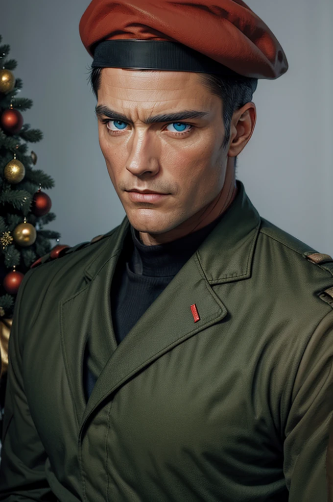 1man, realistic, detailed, sitting, blue eyes, Christmas tree, Christmas gift, beautiful face, waist, perfect hands, black hair, beautiful face, perfect, Green uniform military, eye patch, red santa hat