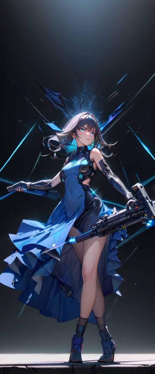 (cyber punk), (nikke), (top quality:1.2, masterpiece:1.4, EXQUISITE RENDERING :1.3), ((A girl carrying a weapon that looks like a feather on her back:1.2)), (Clear eyes,  glossy lips , pretty face), ((  ARMS CONVERTED TO LASER CANNON:1.4)), (  WITH LASER CANNON :1.4), ((Blue long dress:1.8)), (  EXQUISITE PAINTED DRESS  ),   MECHANIZED ANIMATION MACHINE GUN FIRE ,  A warring sniper girl  , Soldier Girl,  FEMALE ACTION ANIMATION ANIMATION GIRL , Neon City,  POST APOCALYPSE ART ,  androgynous ,  mixed media ,  blue legwear , Analog Horror,Nightmare Fuel,  seductively beautiful ,  Beautiful and Evil ,  ((Fighting Pose:1.5)), (full body photo :1.2)、((black background:1.6)),