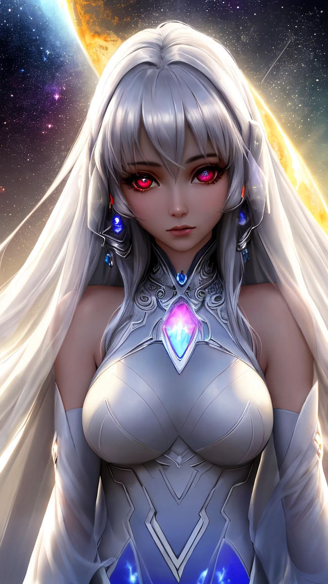 ((Upper Body)), best quality, masterpiece, a japanese woman ((Glowing white hair)), ((Detailed pearly blue eyes)), High Detail Goddess Soul, Focus on character, Solitary, (Style Swirl Magic), Solitary, From the front, Front view, looking at the audience, Delicate face, ((Glowing Lighting Magic Circle Theme)), perched on a ledge, Skinny neon body, Light streaks, Dark Abyss Wanderer Summary, ((Simple Glowing Neon Robe)), Carved with mysterious runes, Outdoor dystopian background,