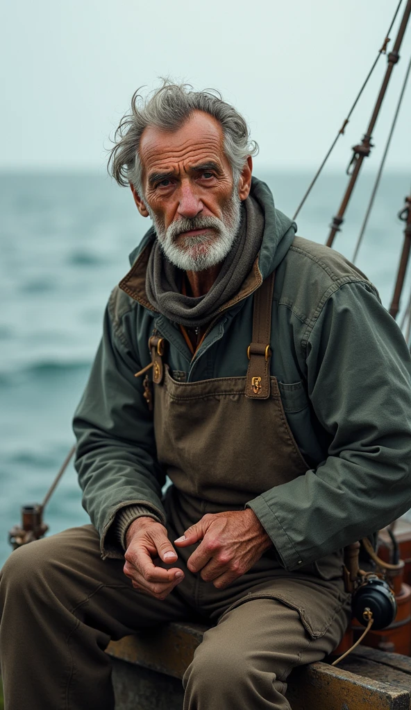 A hyper realistic Polaroid photo of a dirty and tired Maine fisherman. His face is weathered and experienced, with a thick black beard and unkept hair. He is smoking a pipe on a foggy morning. He leans on the port side of his old fishing vessel