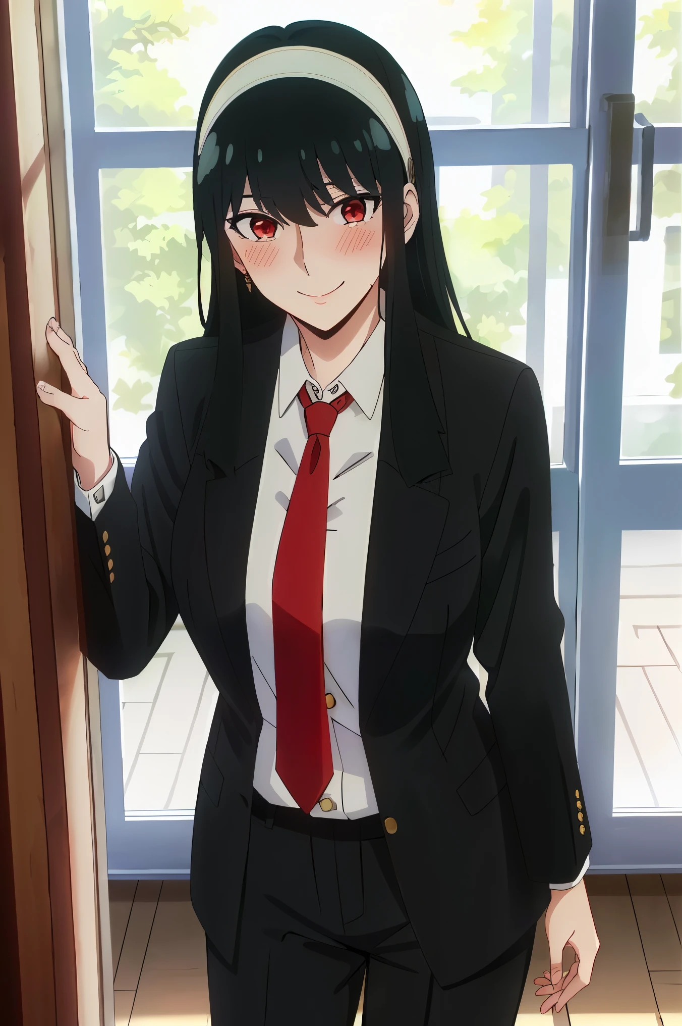 Yor Forger, ((masterpiece, best quality)), (((extremely detailed, intricate details, lush detail, insanely detailed face, beautiful red eyes, shiny skin, sharp eyes))), ((Indoors, dramatic shadows, vibrant colors, backlighting, depth of field, highlight, contrapposto)), (((solo, 1girl, shadow over face, shaded face, glowing red eyes))), ((black hair, medium breasts, hairband, hair ornament, woman in formal attractive suit tuxedo tailcoat standing in a large alcove in the room, 1girl, solo, necktie, black hair, , smile, jacket, looking at viewer, shirt, pants, blue necktie, collared shirt, white pants, white shirt, indoors, bangs, long sleeves, closed mouth, window, black jacket, blush, cowboy shot, formal, suit , badass