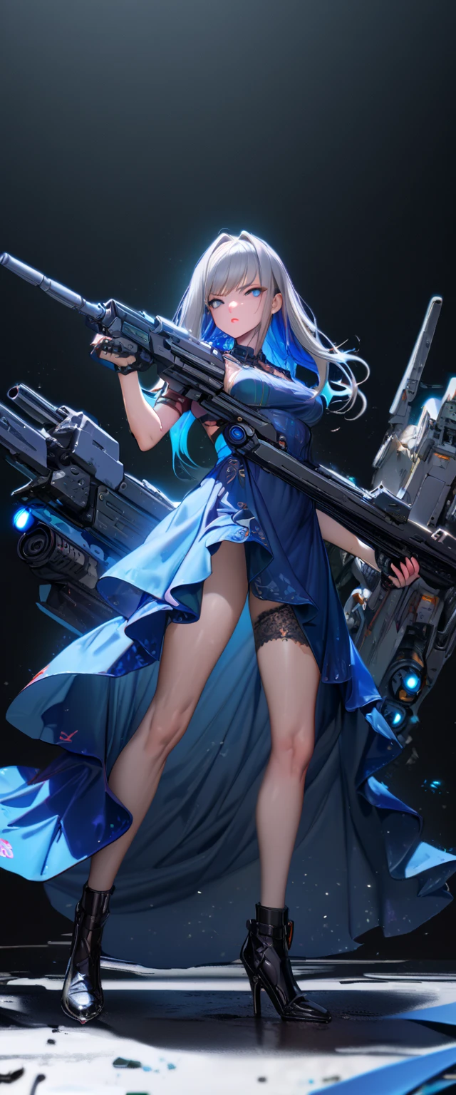 (cyber punk), (nikke), (top quality:1.2, masterpiece:1.4, EXQUISITE RENDERING :1.3), ((A girl carrying a weapon that looks like a feather on her back:1.2)), (Clear eyes,  glossy lips , pretty face), ((  ARMS CONVERTED TO LASER CANNON:1.4)), (  WITH LASER CANNON :1.4), ((Blue long dress:1.8)), (  EXQUISITE PAINTED DRESS  ),   MECHANIZED ANIMATION MACHINE GUN FIRE ,  A warring sniper girl  , Soldier Girl,  FEMALE ACTION ANIMATION ANIMATION GIRL , Neon City,  POST APOCALYPSE ART ,  androgynous ,  mixed media ,  blue legwear , Analog Horror,Nightmare Fuel,  seductively beautiful ,  Beautiful and Evil ,  ((Fighting Pose:1.5)), (full body photo :1.2)、((black background:1.6)),