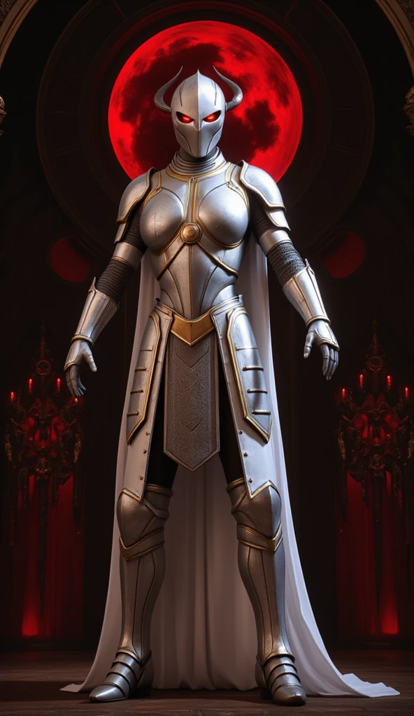  is possessed by a demon, a holy knight commander.一個成年男性的Full body image. muscular body .Wear white gold holy knight armor. Eyes Deep Red . standing inside a mysterious black and red church.Bold composition .Full body image