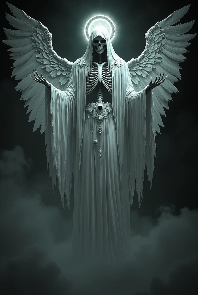 a skeletal figure in a white robe,hooded,with a halo,cybernetic wings with eyes,ascending into a black sky,gothic,hyper detailed,cinematic lighting,(best quality,8k,highres,masterpiece:1.2),ultra-detailed,(realistic,photorealistic,photo-realistic:1.37),dramatic lighting,dramatic angles,intricate details,digital art,3d render,fantasy,mystical,otherworldly,ethereal,moody