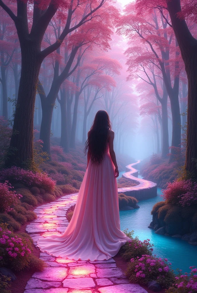 "A young lady standing in a vibrant, otherworldly jungle. The scene is filled with an explosion of vivid, swirling colors, with fantastical plants and flowers glowing in neon hues. The jungle is alive with intricate patterns and fractal designs, creating a surreal, dreamlike atmosphere. The lady herself is adorned with flowing, colorful attire that blends seamlessly with the psychedelic environment, and her eyes reflect the magical, kaleidoscopic landscape around he