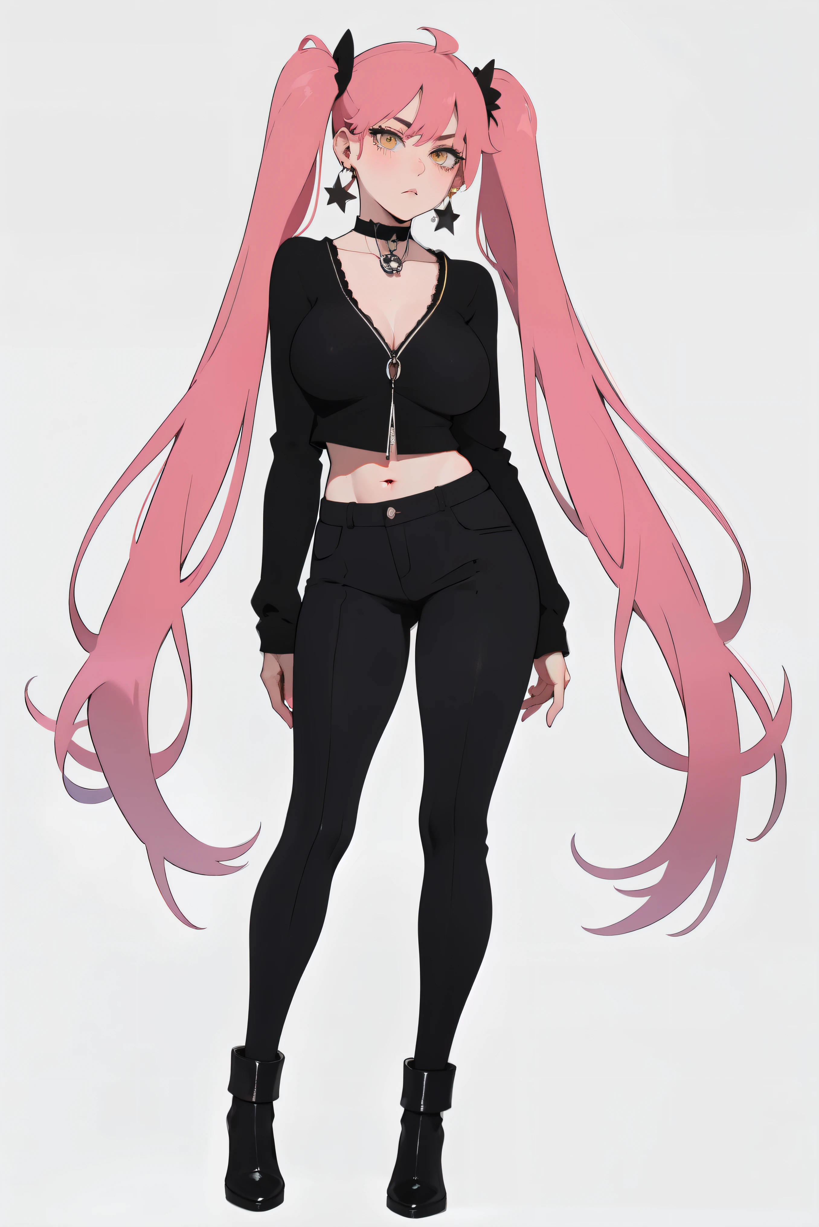  girl, yellow eyes, Twintails hair, long hair, pink hair, large breast, medium ass, Bobby pins, choker, bored facial, star earrings, Simple white backdrop, idol, full body