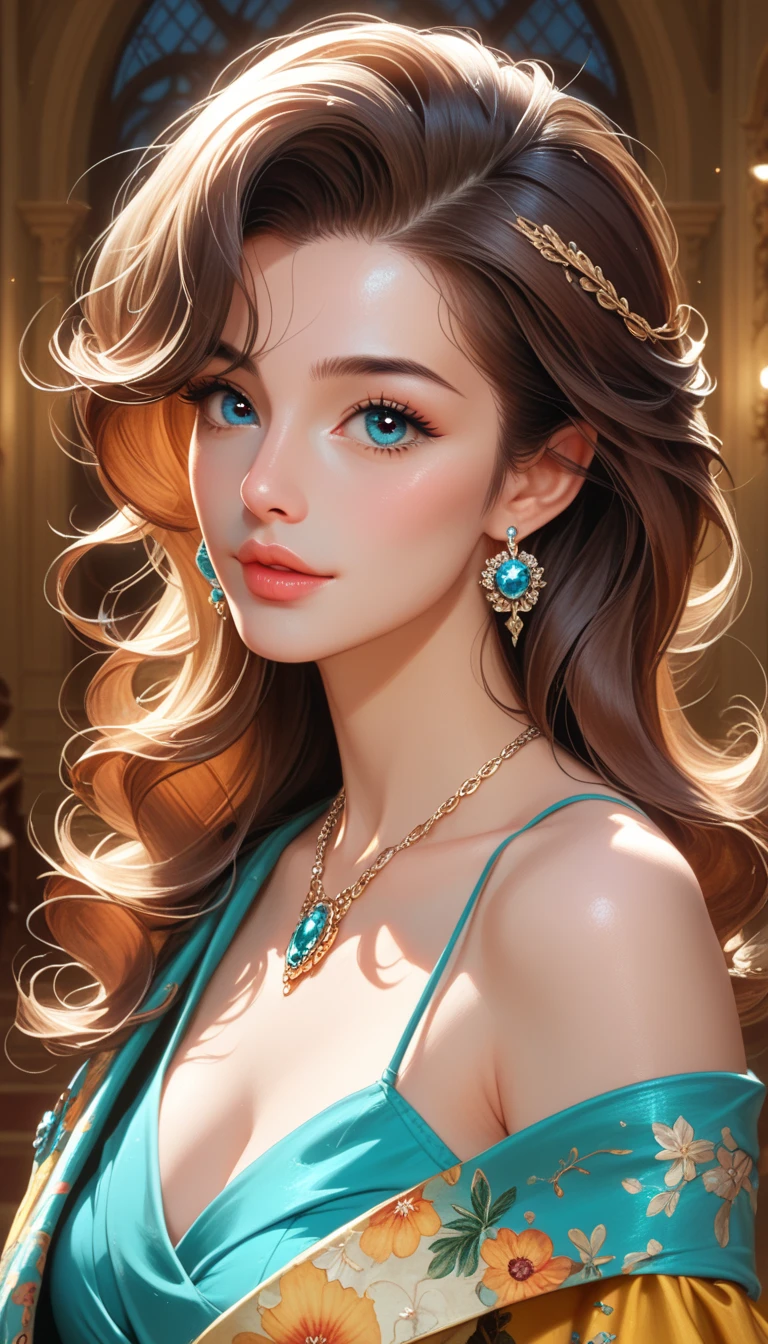 1girl, beautiful detailed eyes, beautiful detailed lips, extremely detailed face, long eyelashes, turquoise top, yellow floral skirt, earrings, necklace, retro fashion, elegant, glamorous, vibrant colors, cinematic lighting, nostalgic, timeless, high quality, 8k, photorealistic, concept art