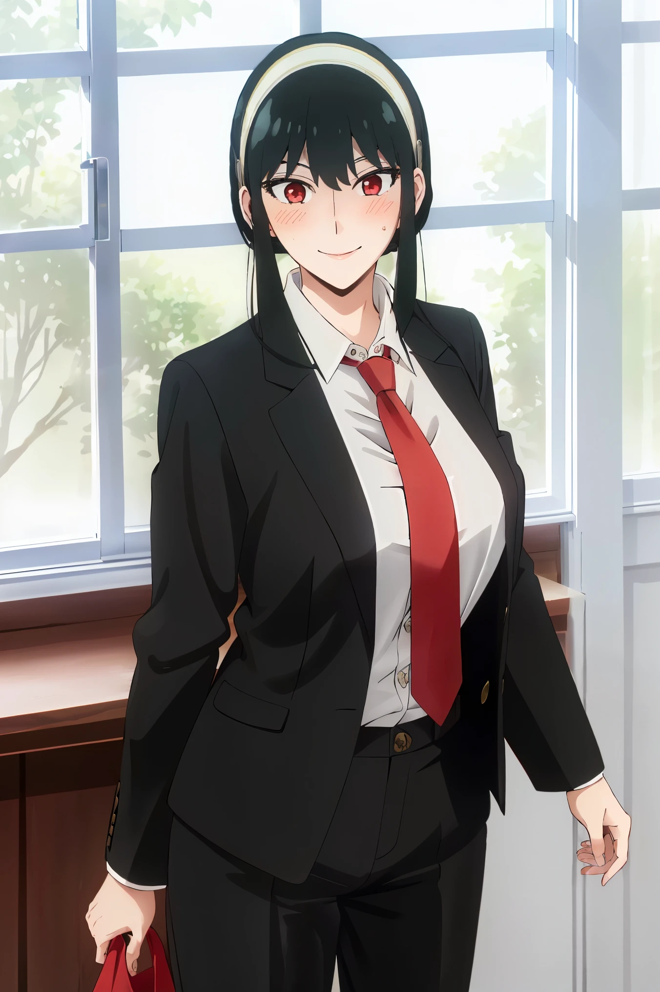 Yor Forger, ((masterpiece, best quality)), (((extremely detailed, intricate details, lush detail, insanely detailed face, beautiful red eyes, shiny skin, sharp eyes))), ((Indoors, dramatic shadows, vibrant colors, backlighting, depth of field, highlight, contrapposto)), (((solo, 1girl, shadow over face, shaded face, glowing red eyes))), ((black hair, medium breasts, hairband, hair ornament, woman in formal attractive suit tuxedo tailcoat standing in a large alcove in the room, 1girl, solo, necktie, black hair, , smile, jacket, looking at viewer, shirt, pants, blue necktie, collared shirt, white pants, white shirt, indoors, bangs, long sleeves, closed mouth, window, black jacket, blush, cowboy shot, formal, suit , badass