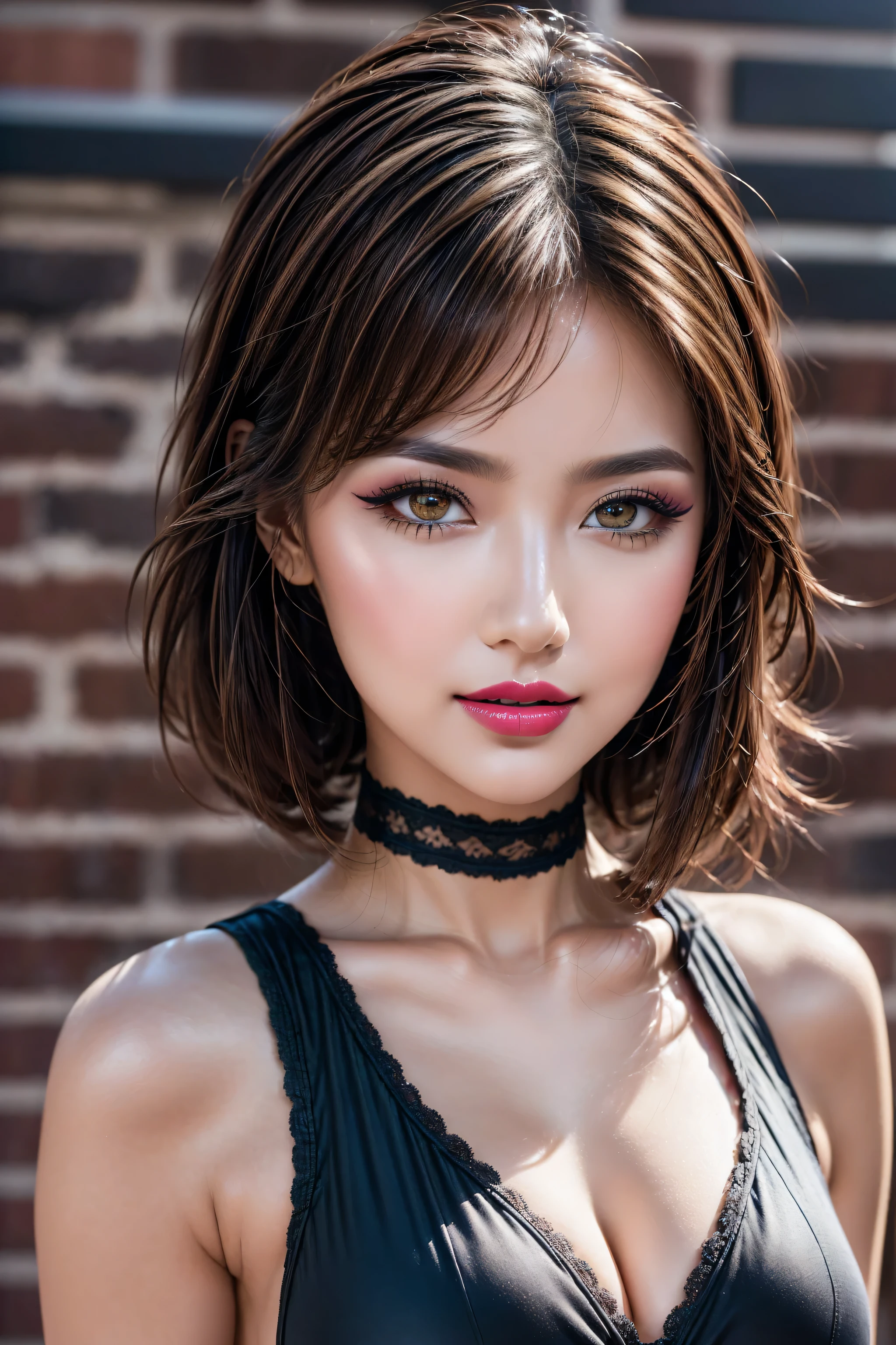 Realistic (photorealistic Realism), (high resolution), ((intricately detailed digital art)), professional photography, ((portrait)) a cute 1 Female, European, (ultra realistic texture details: velvety skin, hair),(close-up eyes:1.3),((sharp focus, not blurry, high resolution, absurd quality, Realistic brown_eyes:1.4), intricately detailed:1.3), ((extremely fine details eyes)), ((extra narrow eyebrows)), (Carefully draw Long blue_eyelashes:1.2), (perfect round eyes:1.3), (finely detailed pupils:1.3, (extremely fine details pupils:1.3)), ((extremely fine details iris of the eyes:1.4)), (Shining, mesmerizing, Vibrant eyes:1.2), (professional makeup:1.4), ((perfect dark_eyeshadows:1.45)), detailed lips:1.3, (apply glossy red_lipstick:1.3), (pink_makeup:1.28), (beautiful little nose), (perfect proportions:1.2),(small head),(anatomically correct), perfect female body, (firm and full breasts:1.2), (Super beautiful), (vivid and colorful), The attention to detail, focus of girl, dynamic pose, sexy and seductive, flirty smile, dslr, high quality split lighting, sharp focus captured by Fujifilm XT3, f 5.6, in a dramatic lighting. (perfect composition), (Style your hair, Long Hair, Blonde, My hair is messy, Red highlights, has hair on one eye), choker, ((Brick wall, Graffiti)), (oversized shirt,Outside the shoulder, transparent white shirt), exquisite balance of shadows, look at the viewer,