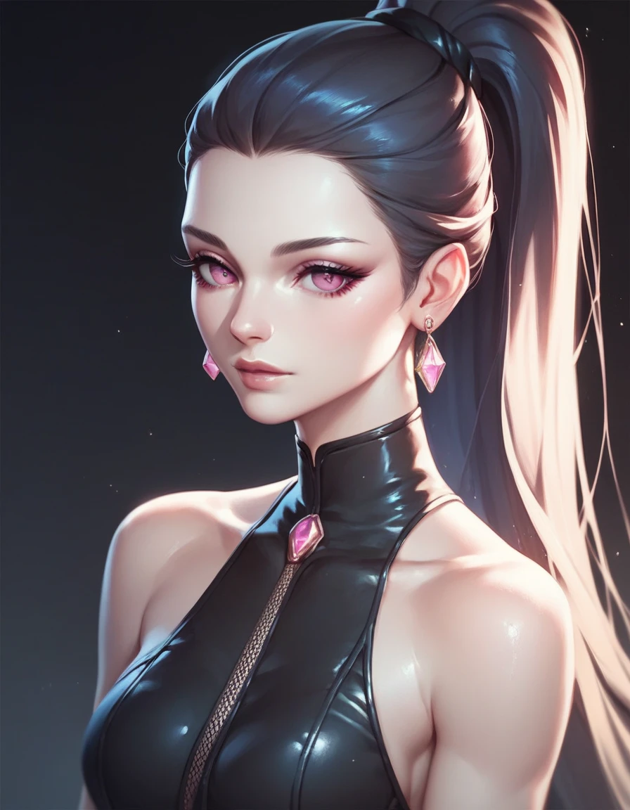 masterpiece, best quality, 1 girl, purple eyes, pale skin, dark black hair, long hair, earrings, jewelry, japanese, simple background, solo, upper body, wavy hair