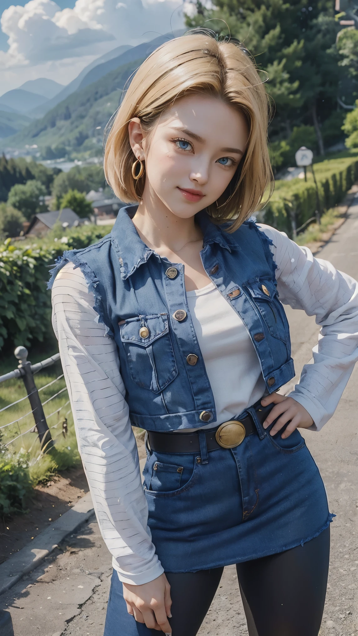 Android 18 da dragon ball,(best qualityer,4K,8k,high resolution,work of art:1.2)(weather: windy), Mondstadt mountain background, mountain road, black top, striped sleeves, cropped open denim vest, belt, tight denim mini skirt, black pantyhose, brown boots, loop earrings, cheek mole, short straight hair, short blonde hair, ultra detailed, realistic, portrait,beautiful detailed sapphire blue eyes, glowing eyes,blush,beautiful detailed lips,extremely detailed eye and face, long eyelashes,sexy,average, large breasts,beaming smile, flirty smile, powerful girl, combat pose, stunning curves, bright coloured, dramatic lighting, hair flying,