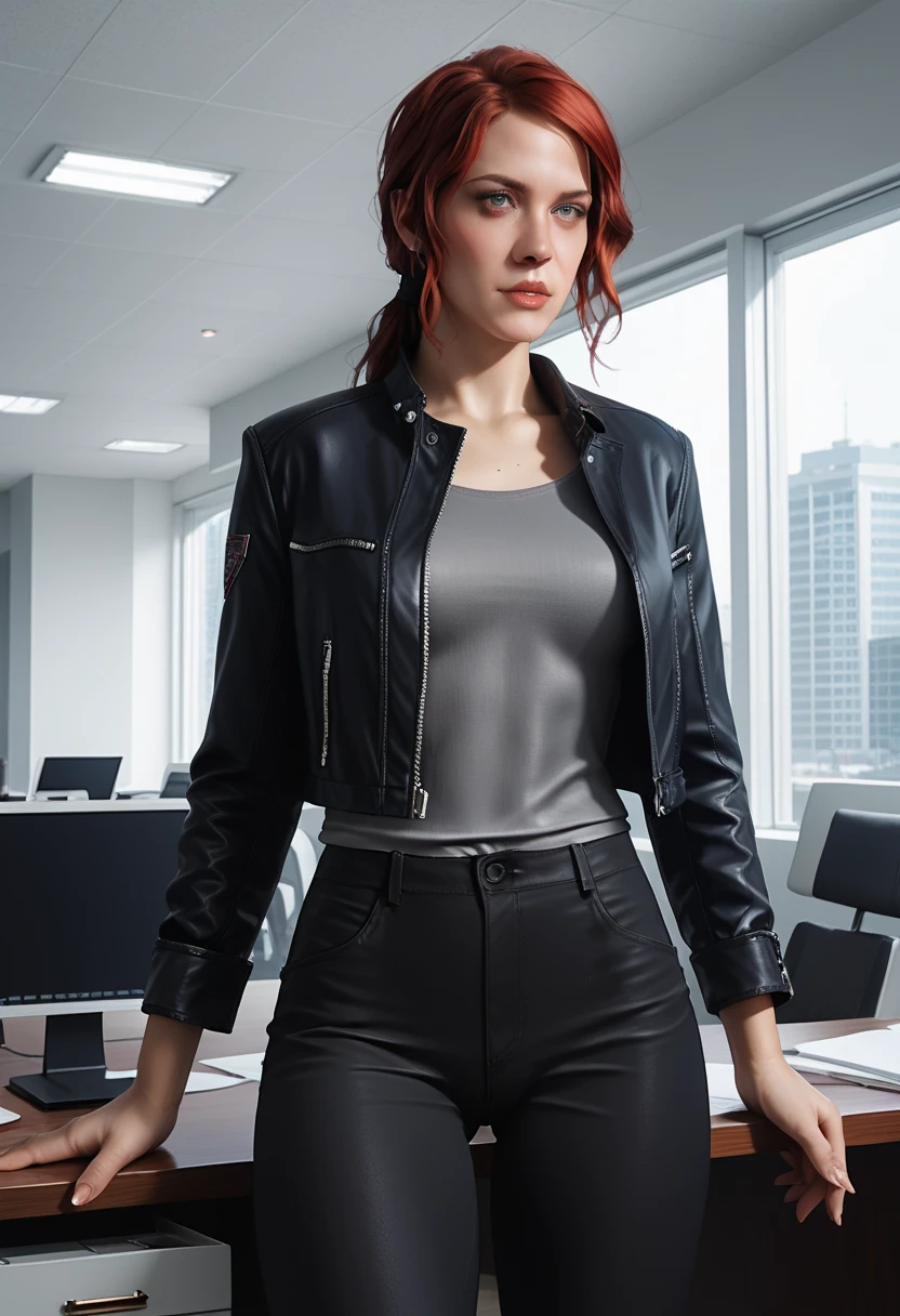 Score_9, score_8_up, score_7_up, source_real, realistic, photorealistic, 1woman, Courtney Hope, red hair, in low loose ponytail, fitted 3/4 cropped black jacket, tight grey shirt, skin-tight black pants, (interior of 1950s office), (brutalist white architecture and design elements), ultra-detailed, highly detailed, J3sse, d3t41l3d, Painstaking Attention To Details 