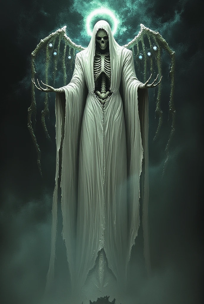 a skeletal figure in a white robe,hooded,with a halo,cybernetic wings with eyes,ascending into a black sky,gothic,hyper detailed,cinematic lighting,(best quality,8k,highres,masterpiece:1.2),ultra-detailed,(realistic,photorealistic,photo-realistic:1.37),dramatic lighting,dramatic angles,intricate details,digital art,3d render,fantasy,mystical,otherworldly,ethereal,moody