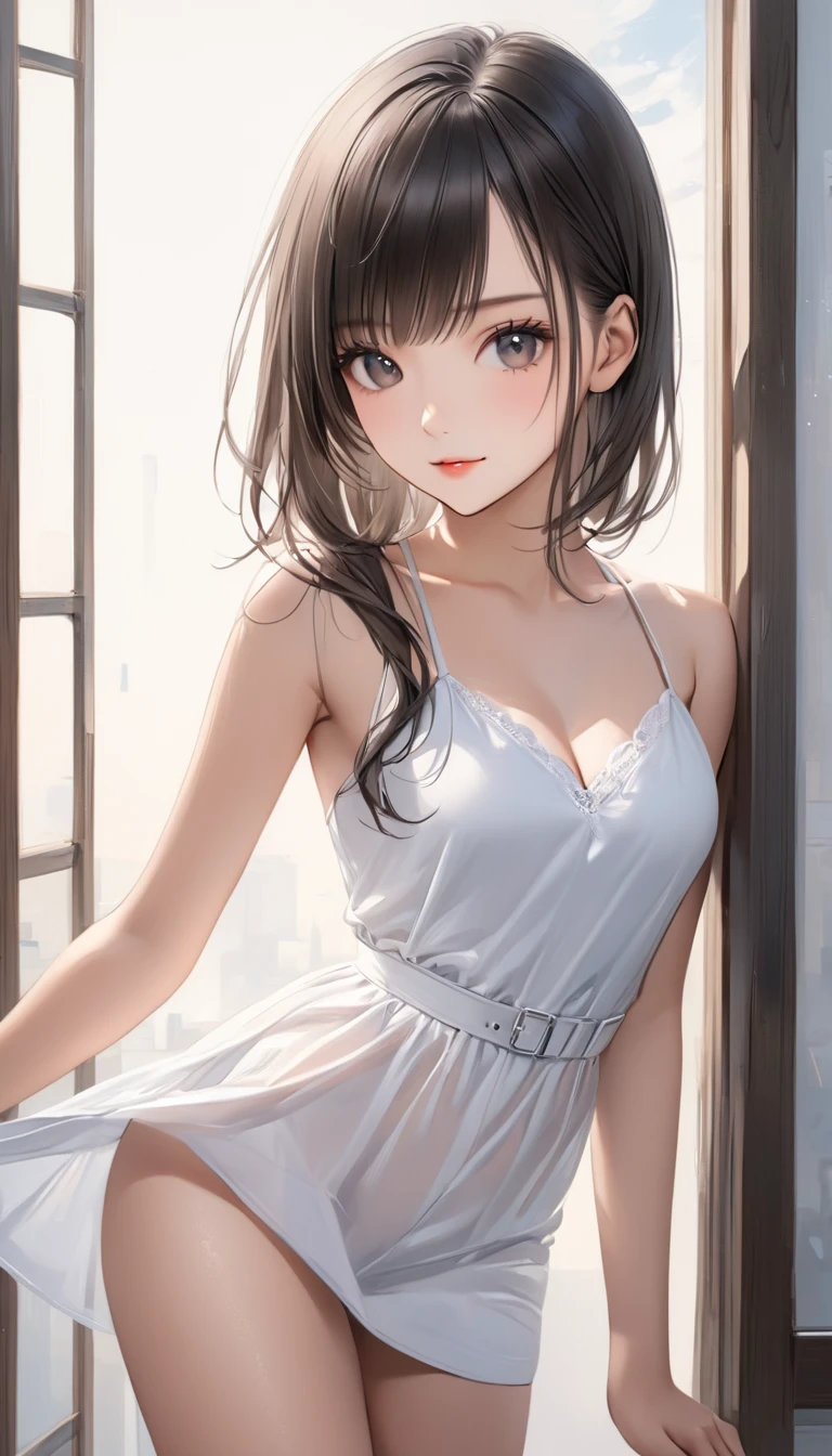 there is a woman that is sitting on a bed with a white shirt, gorgeous chinese model, taken with canon 5d mk4, wearing white outfit, taken with canon eos 5 d mark iv, Gorgeous young Korean woman, with backdrop of natural light, Cute elegant pose, captured on canon eos r 6, Soft natural lighting, Sitting on the bed, Posing in the bedroom