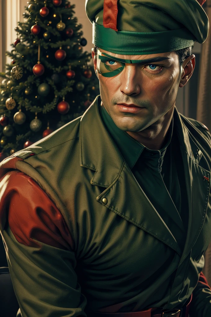 1man, realistic, detailed, sitting, blue eyes, Christmas tree, Christmas gift, beautiful face, waist, perfect hands, black hair, beautiful face, perfect, ((Green uniform military)), ((eye patch)), ((red santa hat))
