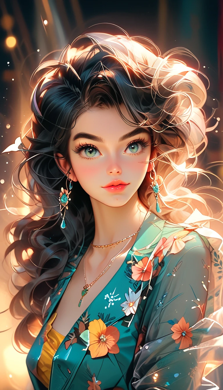 1girl, beautiful detailed eyes, beautiful detailed lips, extremely detailed face, long eyelashes, turquoise top, yellow floral skirt, earrings, necklace, retro fashion, elegant, glamorous, vibrant colors, cinematic lighting, nostalgic, timeless, high quality, 8k, photorealistic, concept art