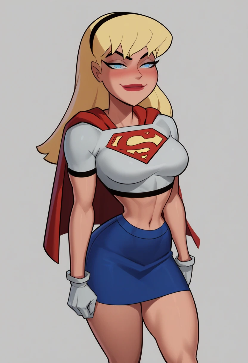 1girl, supergirl, milf, large breasts, large waist, blonde hair, long hair, hairband, blue eyes, makeup, lipstick, white gloves, red cape, blue skirt, white crop top, smug, blush, standing, posing,  no background, empty background