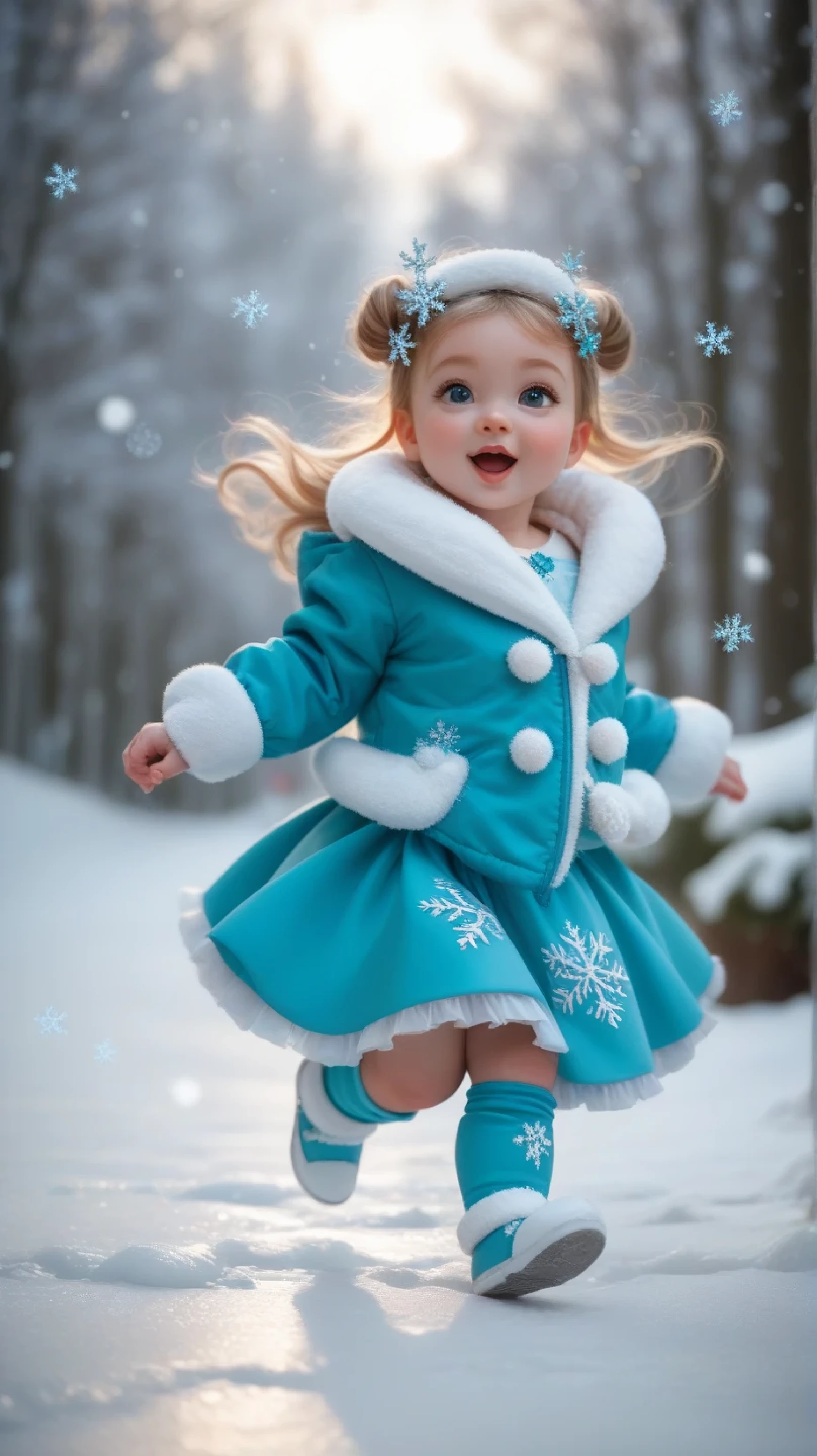 Two **** girl dressed as a snowback tinny wearing a sparkling shiny mutu with golden accents and delicate tiny fingd. The running is frosted with fake ice and surrounded by spring cy sculptures and shimmering snowflakes. The **** another smiles tyfully as she walks, with soft, icy-blu lighting enhancing the magical atmosphere 