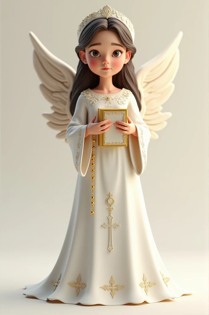 A beautiful child angel blue eyes looking forward,in the background of the photo a large golden cross There is a woman in a dress with wings on a balcony, beautiful female angel, beautiful angel, goddess. Extremely high detail, cute angel, of a cute angel girl, winged girl angel, young wan angel,
