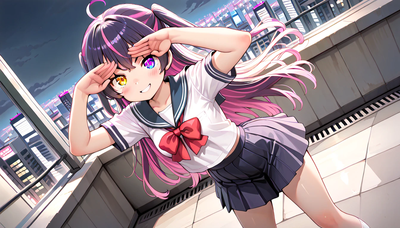 ((top quality)),((masterpiece)),((perfect face)),(ultra-detailed),ultra high res, 8k, 1girl, solo, streaked hair, glowing eyes, heterochromia, posing, standing, spotlight, rooftop, hand covering eyes, smug smile, dynamic angle, school uniform, night city, chuunibyou pose, anime style, exquisite, (very aesthetic:1.2), (absurdres:1.2), (detailed background),newest, perfect anatomy,