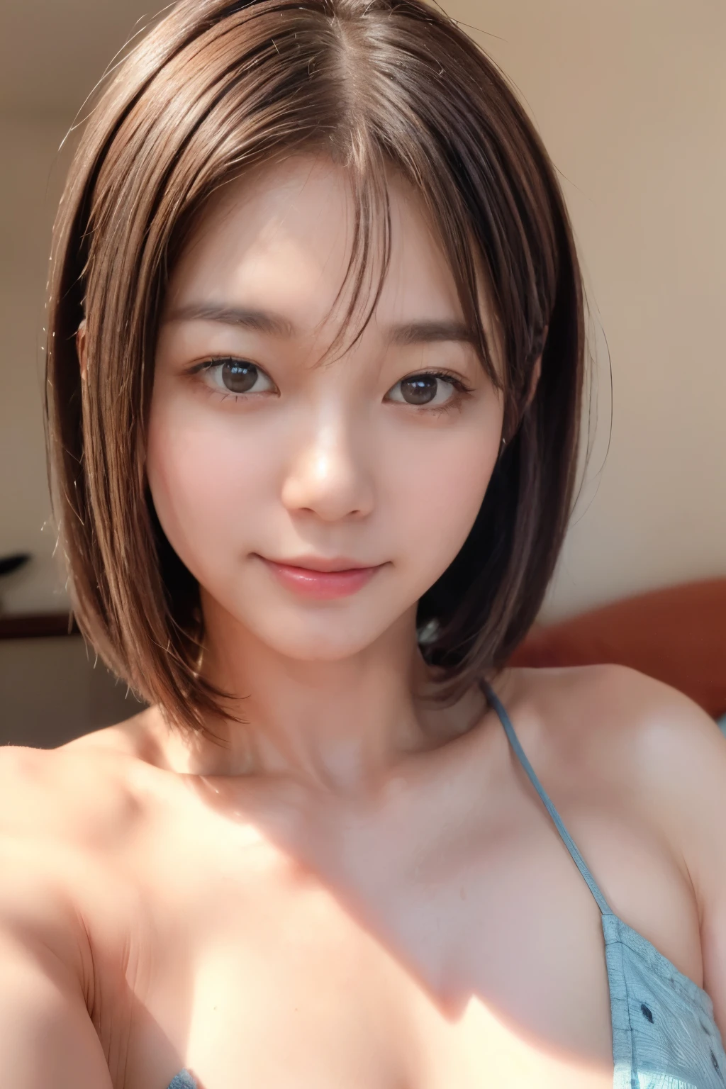 (((Face close-up)))、(((Absolutely shoulder-length brown straight short bob)))、(((She's lying on the bed and looking at us.)))、((((Thin tank top)))、Half Japanese and half Korean、28 year old girl、Looking forward、Light eye makeup、Brown Hair Color、Hair blowing in the wind、quality、Shiny Ultra-Realistic Face、glossy、lure、Sweaty,Watery eye、Gaze Up、Subtle lighting effects、Ultra-Realistic Capture、Very detailed、High resolution 16K human skin closeup。Skin texture must be natural、The detail must be such that the pores are clearly visible.、The skin is healthy、Even Tone、Use natural light and colors、High quality photos taken in-house by a model agency photographer、smile、(((SIGMA 300 mm F/1.4、1/1000 sec shutter、ISO 400)))