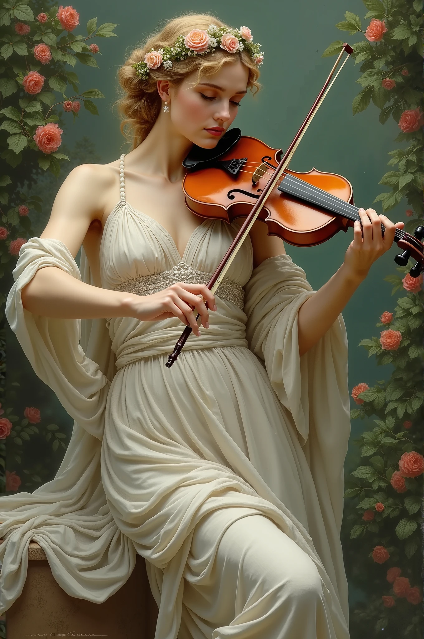 (best quality,4k,8k,highres,masterpiece:1.2),ultra-detailed,(realistic,photorealistic,photo-realistic:1.37),outdoor,lush greenery,musical performance,musical instrument,cello player,peaceful atmosphere,classical music,river stream,serene,tranquil,wooded area,tuxedo,women,red dress,observing,chair,beautiful surroundings,harmony,riverbank,gentle breeze,elegant,detailed facial expression,calm environment,symphonic melodies,musical talent,pianissimo,vivid colors,dappled sunlight,ethereal,melodic composition,emotional connection,aesthetic,sublime,fine art,life-like depiction