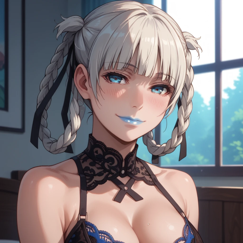 Score_9, score_8_up, score_7_up, score_6_up, source_anime, rating:general, 1girl, kirari momobami, white hair, braided hair, upper body, sultry look, head tilt, shy smile, blush, pale white skin, Jed-Lcbdyst, form-fitting ,lace bodysuit, deep V-neckline, sheer lace detailing, blue eyes, blue lipstick, colored contacts, doll face, medium sized breasts, cleavage, pushing up breasts, exposed shoulders, exposed breasts, luxury bedroom, comfy bedroom, solo, 8k quality, iphone wallpaper, vivid colors, perfect lighting, perfect shadowing, god rays, perfect positioning 