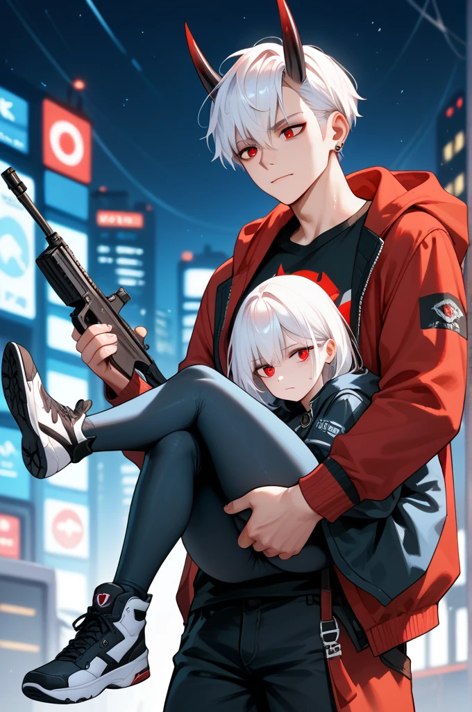  A boy wearing a t-shirt and pants under a long black hooded coat in a futuristic city at night　 white hair with red mesh 　Red and black horns 　 carrying a rifle 　 holding a handgun and knife 　夜の近未来の都会のビル群にいる