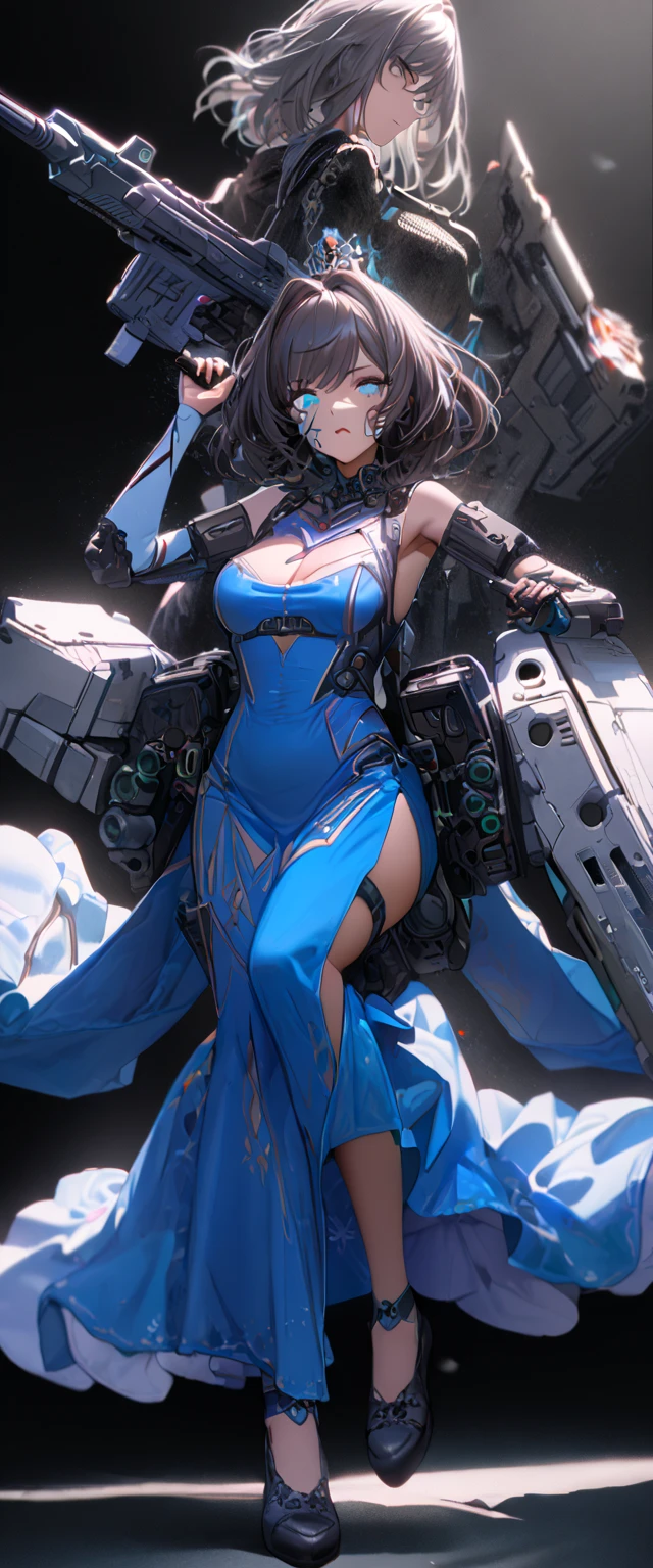 (cyber punk), (nikke), (top quality:1.2, masterpiece:1.4, EXQUISITE RENDERING:1.3), ((A girl carrying a weapon that looks like a feather on her back:1.2)), (Clear eyes,  glossy lips, pretty face), ((ARMS CONVERTED TO LASER CANNON:1.4)), (WITH LASER CANNON:1.4), ((Blue long dress:1.8)), (EXQUISITE PAINTED DRESS),   MECHANIZED ANIMATION MACHINE GUN FIRE,  A warring sniper girl, Soldier Girl,  FEMALE ACTION ANIMATION ANIMATION GIRL, Neon City,  POST APOCALYPSE ART,  androgynous,  mixed media,  blue legwear, Analog Horror, Nightmare Fuel,  seductively beautiful,  Beautiful and Evil,  ((Fighting Pose:1.5)), (full body photo:1.2)、((black background:1.6)),