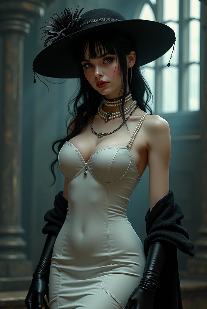 { - anatomy error} (masterpiece, best quality) 1girl, LadyDimitrescu, light skin, black hair, black flower, black rose, jewelry, breasts, necklace, hat, solo, yellow eyes, flower, dress, makeup, cleavage, pale skin, looking at viewer, earrings, lipstick, red lips, pearl necklace, rose, large breasts, smile, short hair, white dress, black headwear, whole body, sun hat, grin, mature female, writing, walking, dynamic poses, mouth closed. Different posture. Very sexy, with chin resting on shoulder. Get ready to dive into a world where beauty and craftsmanship merge perfectly.