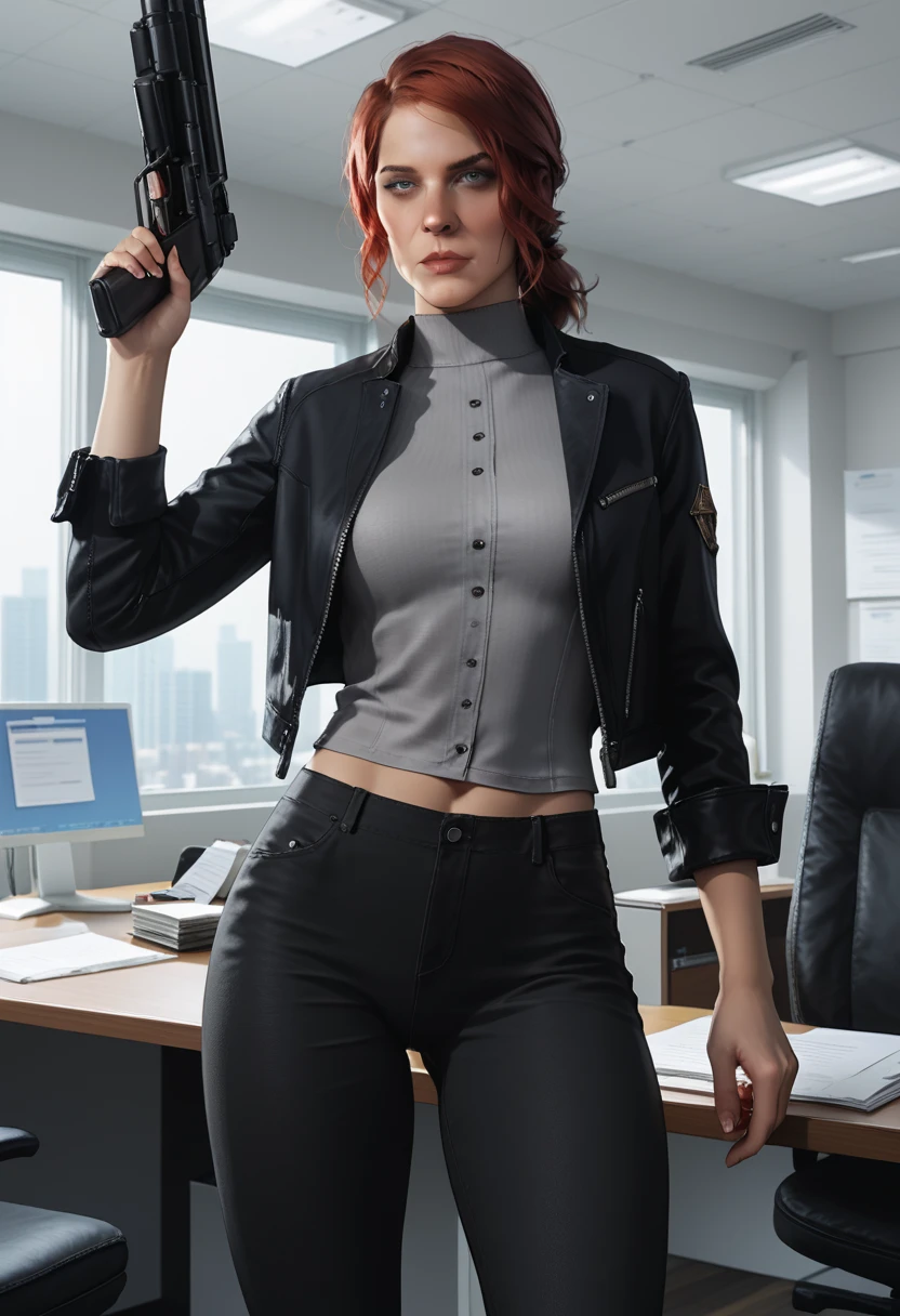 Score_9, score_8_up, score_7_up, source_real, realistic, photorealistic, 1woman, (Courtney Hope), (Jesse Faden) from "CONTROL", red hair, in low loose ponytail, fitted 3/4 cropped black jacket, tight grey shirt, skin-tight black pants, holding, "Service Weapon", facing viewer, (dynamic action poses), (interior of vintage office:1.3), (white brutalist architecture), ultra-detailed, highly detailed, J3sse