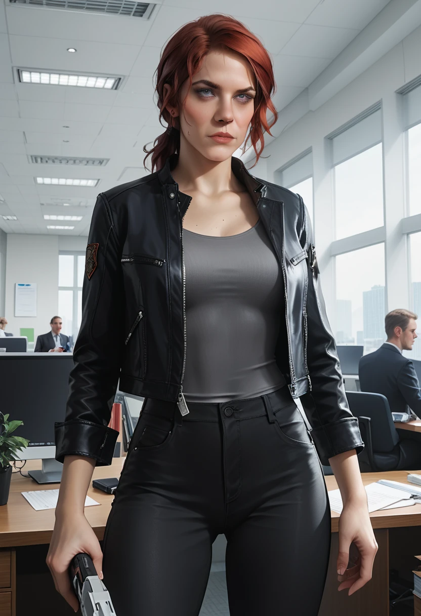 Score_9, score_8_up, score_7_up, source_real, realistic, photorealistic, 1woman, (Courtney Hope), (Jesse Faden) from "CONTROL", red hair, in low loose ponytail, fitted 3/4 cropped black jacket, tight grey shirt, skin-tight black pants, holding, "Service Weapon", facing viewer, (dynamic action poses), (interior of vintage office:1.3), (white brutalist architecture), ultra-detailed, highly detailed, J3sse