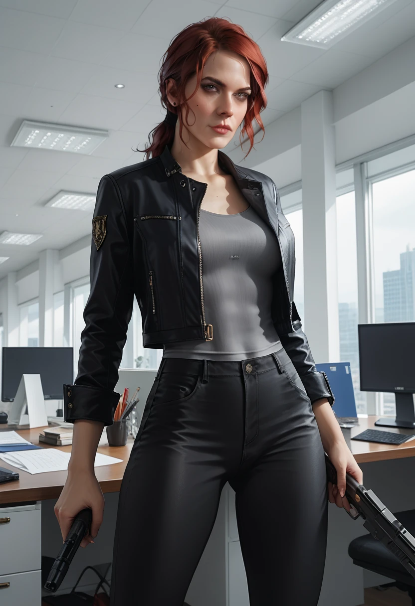 Score_9, score_8_up, score_7_up, source_real, realistic, photorealistic, 1woman, (Courtney Hope), (Jesse Faden) from "CONTROL", red hair, in low loose ponytail, fitted 3/4 cropped black jacket, tight grey shirt, skin-tight black pants, holding, "Service Weapon", facing viewer, (dynamic action poses), (interior of vintage office:1.3), (white brutalist architecture), ultra-detailed, highly detailed, J3sse