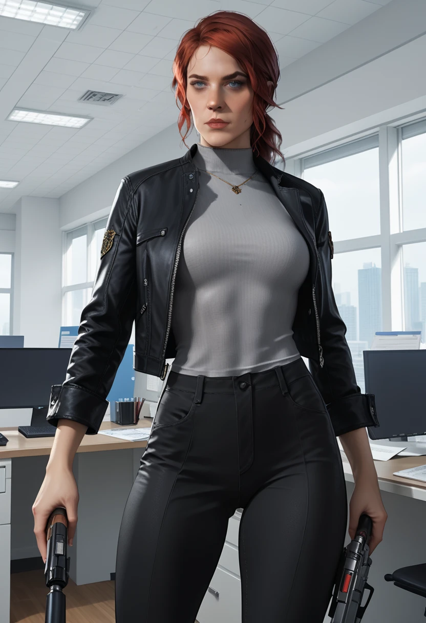 Score_9, score_8_up, score_7_up, source_real, realistic, photorealistic, 1woman, (Courtney Hope), (Jesse Faden) from "CONTROL", red hair, in low loose ponytail, fitted 3/4 cropped black jacket, tight grey shirt, skin-tight black pants, holding, "Service Weapon", facing viewer, (dynamic action poses), (interior of vintage office:1.3), (white brutalist architecture), ultra-detailed, highly detailed, J3sse