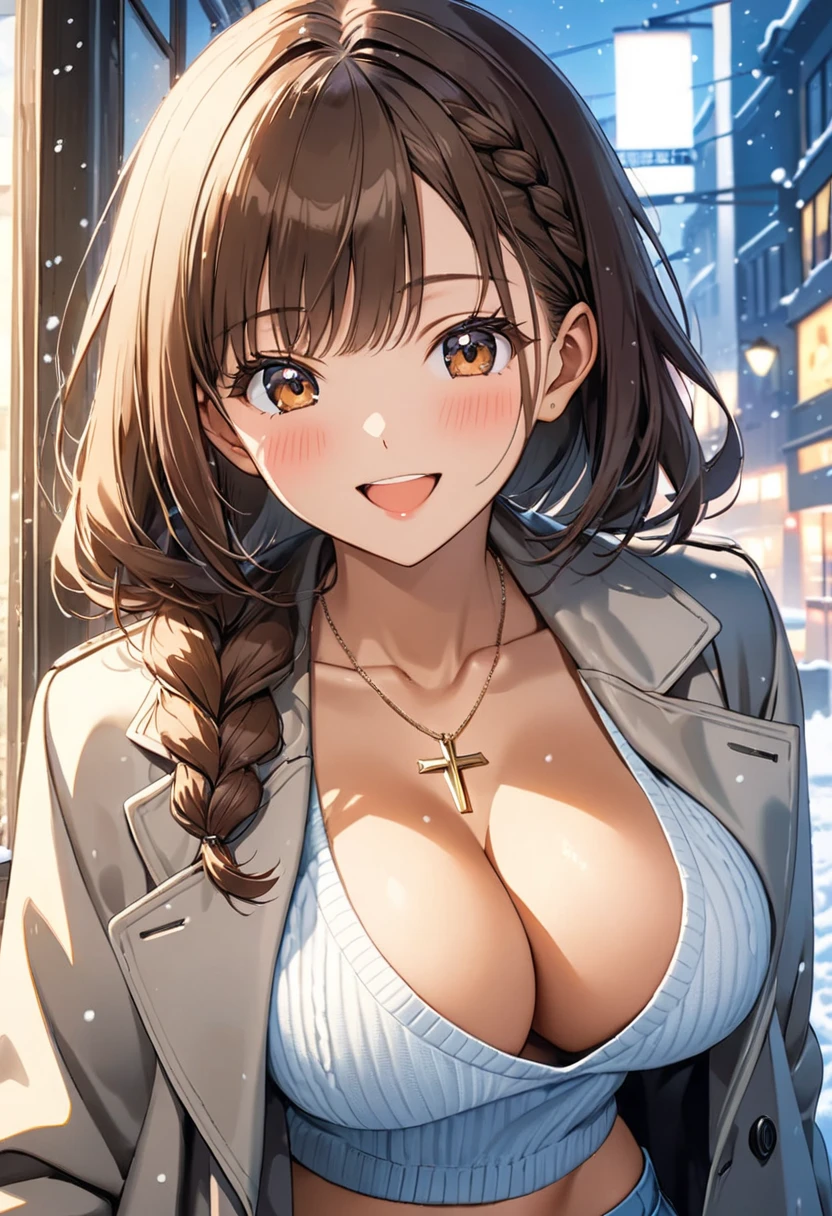 masterpiece, Best Quality, High resolution,16k,official art,super detailed skin,detailed,animated painting, Takarada Rikka ,1990s \(style\),(F cup big beautiful breasts)、clevage,25years old, (tall:1.2),height: 175cm,Sexy long legs,Fashion model body type,Medium Hair,forehead,Brown Hair,french braid,(simple coat,long-sleave knit,mini-skirt:1.3),white mini skirt,cross necklace,(tanned skin:1.3),Muscular、1girl,big laugh,Shy、Shyness,blush,Anime-style painting style,Close-up of the upper body,Cinematic lighting,superfine,magnificent view、in the city,morning,winter,snow,(sexy),closeup