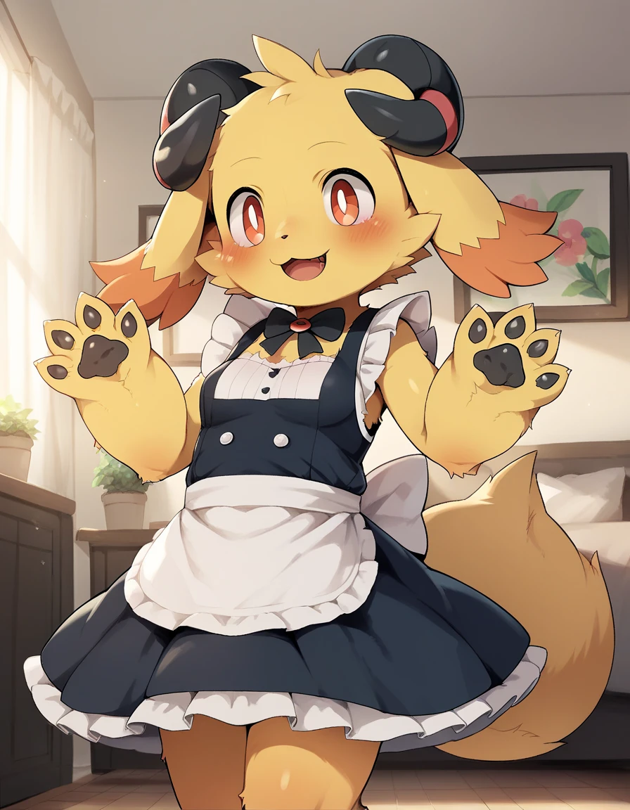 Dagashi, Body hair,  score_9, score_8_up, score_7_up, score_6_up,   rating_i doubt it,  anthro , ( like fur,  anthro :1.2) ( detailed fluffy fur ), Alone,  like fur female,  Pokémon (biology),, outer vagina , cute, , Pokémon, ( small breasts), ,cute, cute eyes, cute head), (  beautiful detail face with black horns on the head ,   Oily Shiny Skin  ), ( detail eyes, Sharp Eye, clear pupils:0.8), masterpiece,  happy ,  free hands , smile,mouth, Living room in the background ,Home,Dressed, Wearing a maid outfit, 