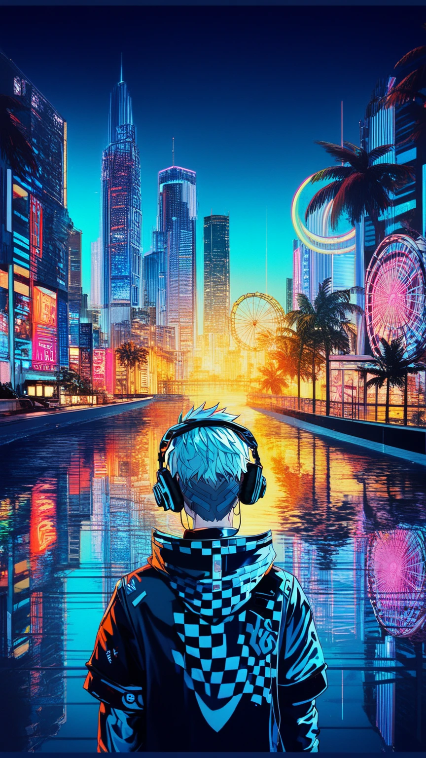 anime style, cool and edgy, thicker outlines, painterly elements, fine details, soft edges, A serene and lively night scene of a futuristic city**, neon lights illuminating tall buildings, palm trees, and a Ferris wheel, person with headphones gazing at the water, vibrant reflections, cyberpunk aesthetic, dynamic lighting, tattos, fashionable, posing, expression, stylish, striking, modern, fashion, ((boy)) 