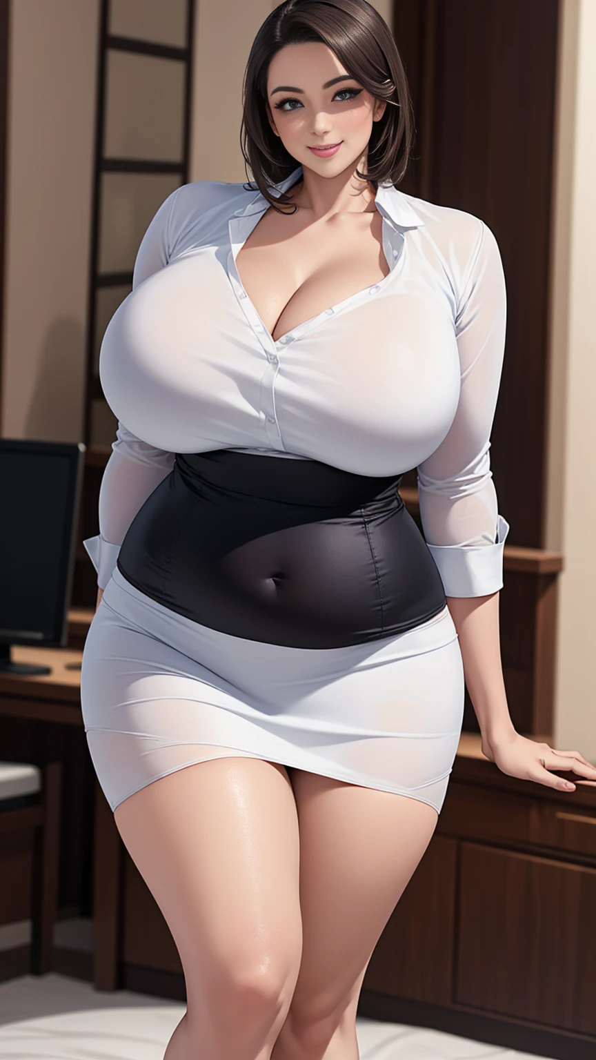 A curvaceous, cute and skinny super large biggest thick ass realist secretary , dressed in a tight-fitting skirt that hugs her voluptuous large and thick hips and round huge thick ass behind. perky breasts, which are just barely contained within the constraints of her buttoned-up attire. pantyhose, big and thick and ass, large and thick hips