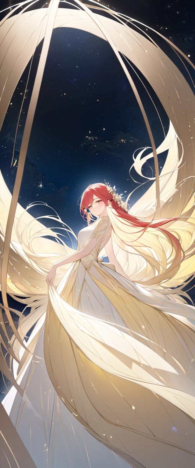 (pastel yellow color theme:1.4), Title: "Lunar Radiance: Enigmatic Elegance" In the ethereal scene titled "Lunar Radiance: Enigmatic Elegance," a hyper-realistic image unfolds, capturing the mesmerizing beauty of a woman with luscious red locks standing outdoors at night. The soft glow of the moonlight delicately caresses her flawless complexion, enhancing her features with a celestial radiance. Her updo hair, a cascade of vibrant red curls intricately woven into an elegant arrangement, dances gently in the breeze, each strand catching the moonlight like strands of shimmering silk. The tousled effect adds a sense of movement and grace to her appearance, imbuing the scene with a touch of dynamic beauty. With a posture radiating confidence and a subtle yet alluring smirk playing on her lips, the woman exudes an enigmatic aura that draws the viewer into her world. Her gaze, illuminated by the starry night sky, carries a depth of mystery and allure, inviting contemplation and intrigue. The backdrop of the starlit night sky serves as a captivating contrast to the woman's vibrant presence, casting a dreamlike ambiance that enhances the drama of the scene. The interplay of light and shadow creates a visual symphony of contrasts, highlighting the woman's beauty with a touch of celestial magic. Every detail, from the delicate curve of her lips to the intricate play of light on her flawless skin, is rendered with hyper-realistic precision, bringing the scene to life with a sense of palpable beauty and emotion. The overall composition evokes a feeling of serenity and enchantment, inviting the viewer to bask in the dreamy atmosphere of the moment captured in the artwork. Authored by kyo8sai, this magnificent creation stands as a testament to the artist's creative prowess and was brought to life on 2024-08-08.The painting is signed 'kyo8sai' on the edge. "Lunar Radiance: Enigmatic Elegance" is a visual masterpiece that encapsulates a dramatic and sweetly blissful scene, where be