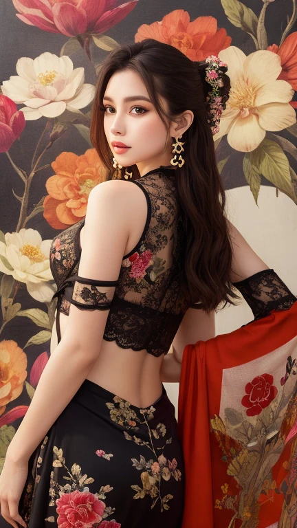 best quality, masterpiece, illustration, very delicate and beautiful, highly detailed, CG, unity, 8k wallpaper, amazing, elaborate details, masterpiece, best quality, official art, highly detailed CG unity 8k wallpaper, super detailed, high resolution, highly detailed, beautiful detailed girl, very detailed eyes and face, beautiful detailed eyes, face light, (Hanfu: 1.1), 1 girl, Cheongsam with black lace open chest, big beautiful big, beautiful ass, 27 years old, smile, oblique back view