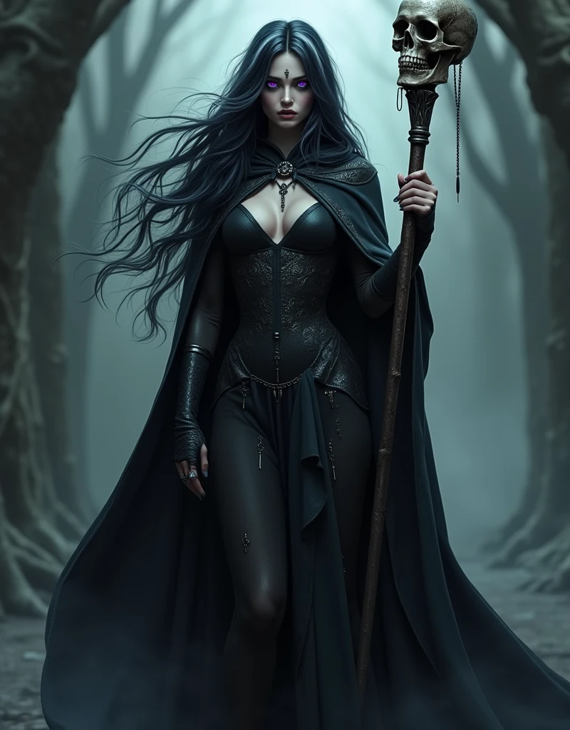 name: Elyria the Wise Age: About 30 years old Height: Tall and slim with ample breasts, which gives her appearance an even more imposing and seductive air.
Clothing: Elyria wears a long, tight tunic, of a deep black, with dark silver gothic motifs. The fabric is velvety and slightly translucent, accentuating her curves without losing her elegance. The cloak, long to the ground, It is trimmed with raven feathers and has a hood that partially hides her face.. The black leather belt with silver buckle has pendants with dark runes and eerie amulets. His boots, knee-high, They are decorated with silver studs and occult symbols.
I wait: Elyria's hair is raven, long and wavy, often adorned with small chains and black crystals. His eyes, of a deep purple, they almost seem to glow in the darkness. He has a sharp, pale face., with an enigmatic and magnetic expression.
Accessories: Elyria holds a black wooden staff, carved with demonic figures and a dark crystal that pulses with a sinister light. She wears rings with black stones and a necklace with a pendant in the shape of a skull wrapped in thorns..
Personality: He has a dark and intimidating aura.. Elyria is cold, calculator and speaks in a low, penetrating voice. Anyone who finds himself in his presence feels a thrill of fear and respect..