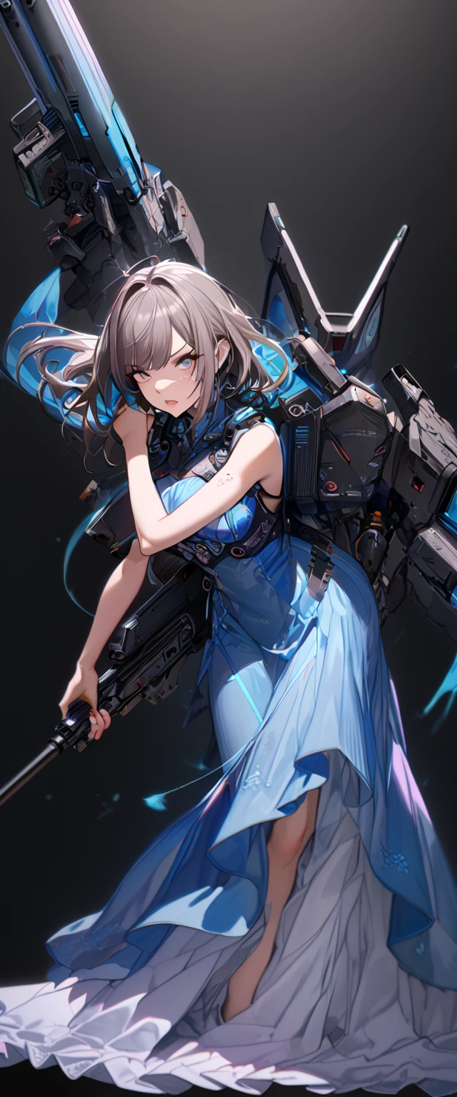 (cyber punk), (nikke), (top quality:1.2, masterpiece:1.4, EXQUISITE RENDERING:1.3), ((A girl carrying a weapon that looks like a feather on her back:1.2)), (Clear eyes,  glossy lips, pretty face), ((ARMS CONVERTED TO LASER CANNON:1.4)), (WITH LASER CANNON:1.4), ((Blue long dress:1.8)), (EXQUISITE PAINTED DRESS),   MECHANIZED ANIMATION MACHINE GUN FIRE,  A warring sniper girl, Soldier Girl,  FEMALE ACTION ANIMATION ANIMATION GIRL, Neon City,  POST APOCALYPSE ART,  androgynous,  mixed media,  blue legwear, Analog Horror, Nightmare Fuel,  seductively beautiful,  Beautiful and Evil,  ((Fighting Pose:1.5)), (full body photo:1.2)、((black background:1.6)),